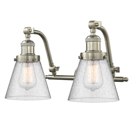 A large image of the Innovations Lighting 515-2W Small Cone Satin Brushed Nickel / Seedy