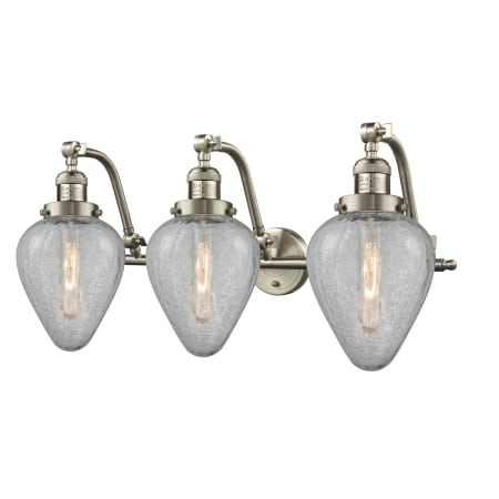 A large image of the Innovations Lighting 515-3W Geneseo Satin Brushed Nickel / Clear Crackle