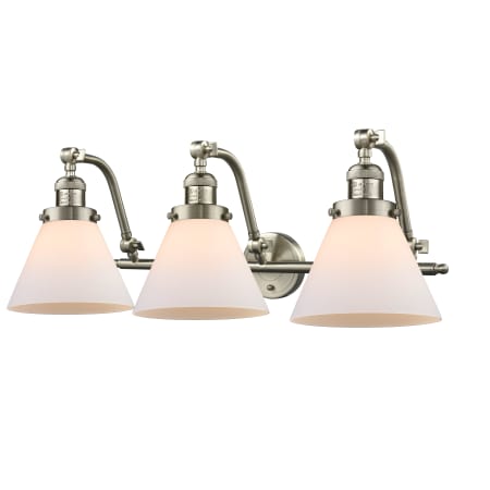 A large image of the Innovations Lighting 515-3W Large Cone Satin Brushed Nickel / Matte White Cased