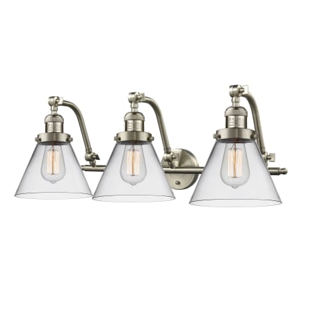 A large image of the Innovations Lighting 515-3W Large Cone Satin Brushed Nickel / Clear