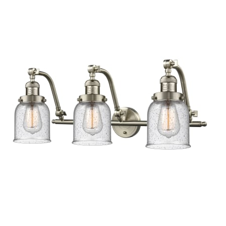 A large image of the Innovations Lighting 515-3W Small Bell Satin Brushed Nickel / Seedy