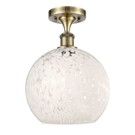 A large image of the Innovations Lighting 516-1C-13-10 White Mouchette Semi-Flush Antique Brass