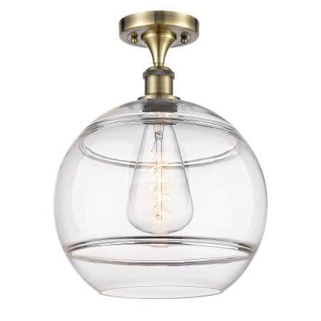 A large image of the Innovations Lighting 516-1C-15-12 Rochester Semi-Flush Antique Brass / Clear