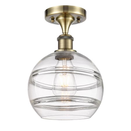 A large image of the Innovations Lighting 516-1C-12-8 Rochester Semi-Flush Antique Brass / Clear