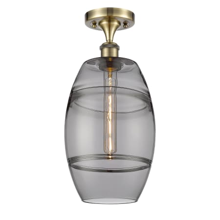 A large image of the Innovations Lighting 516-1C-12-8 Vaz Semi-Flush Antique Brass / Smoked