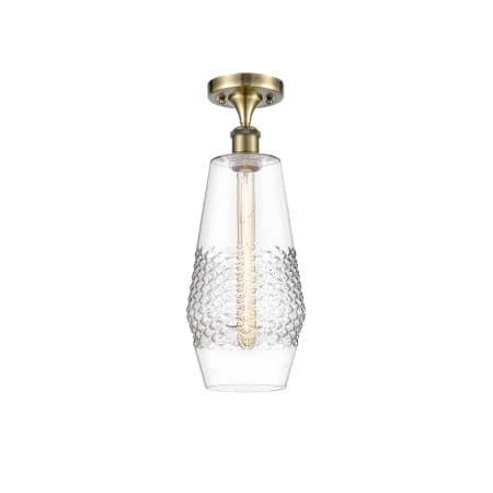A large image of the Innovations Lighting 516-1C-19-7 Windham Semi-Flush Antique Brass / Clear
