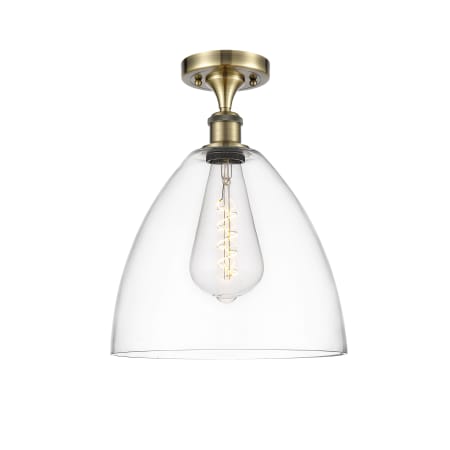 A large image of the Innovations Lighting 516-1C-15-12 Bristol Semi-Flush Antique Brass / Clear