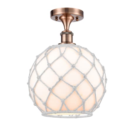A large image of the Innovations Lighting 516 Large Farmhouse Rope Antique Copper / White Glass with White Rope