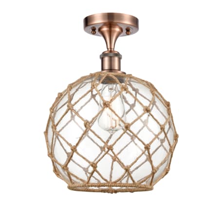 A large image of the Innovations Lighting 516 Large Farmhouse Rope Antique Copper / Clear Glass with Brown Rope