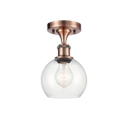 A large image of the Innovations Lighting 516-1C-10-6 Athens Semi-Flush Antique Copper / Clear