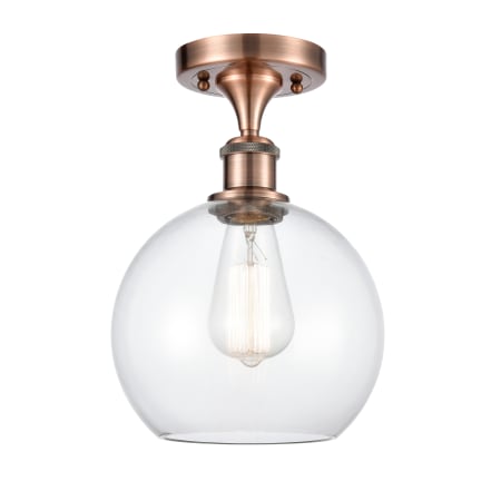 A large image of the Innovations Lighting 516-1C-13-8 Athens Semi-Flush Antique Copper / Clear