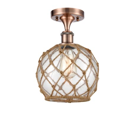 A large image of the Innovations Lighting 516 Farmhouse Rope Antique Copper / Clear Glass with Brown Rope