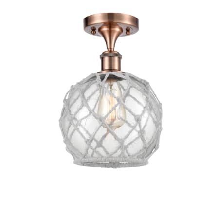 A large image of the Innovations Lighting 516 Farmhouse Rope Antique Copper / Clear Glass with White Rope