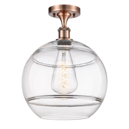 A large image of the Innovations Lighting 516-1C-15-12 Rochester Semi-Flush Antique Copper / Clear