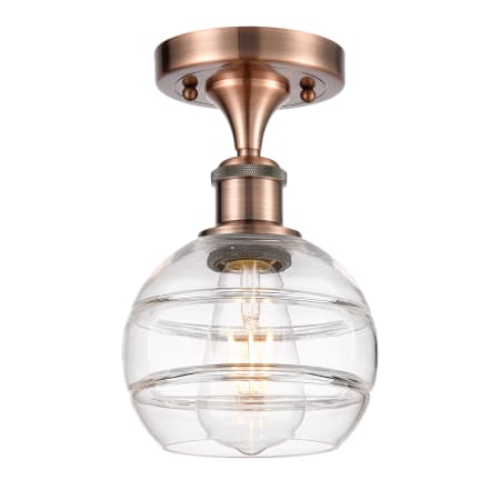 A large image of the Innovations Lighting 516-1C-10-6 Rochester Semi-Flush Antique Copper / Clear