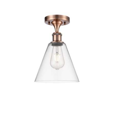 A large image of the Innovations Lighting 516-1C-12-8 Berkshire Semi-Flush Antique Copper / Clear