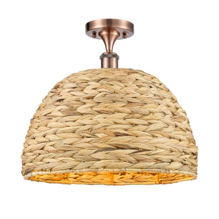 A large image of the Innovations Lighting 516-1C-15-16 Woven Rattan Semi-Flush Antique Copper / Natural