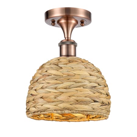 A large image of the Innovations Lighting 516-1C-11-8 Woven Rattan Semi-Flush Antique Copper / Natural