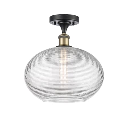 A large image of the Innovations Lighting 516-1C-12-12 Ithaca Semi-Flush Black Antique Brass