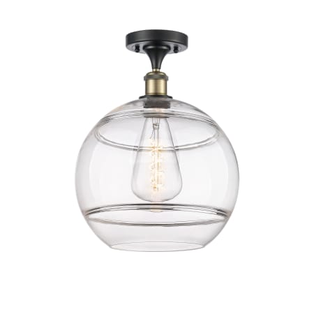 A large image of the Innovations Lighting 516-1C-15-12 Rochester Semi-Flush Black Antique Brass / Clear