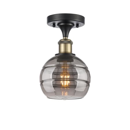 A large image of the Innovations Lighting 516-1C-10-6 Rochester Semi-Flush Black Antique Brass / Smoked