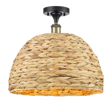 A large image of the Innovations Lighting 516-1C-15-16 Woven Rattan Semi-Flush Black Antique Brass / Natural