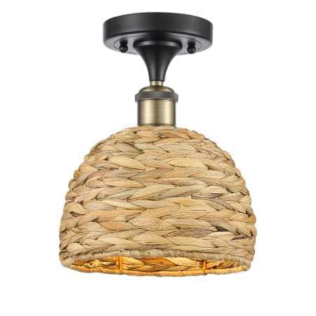 A large image of the Innovations Lighting 516-1C-11-8 Woven Rattan Semi-Flush Black Antique Brass / Natural