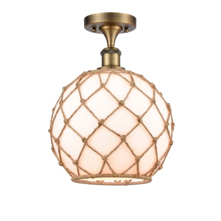 A large image of the Innovations Lighting 516 Large Farmhouse Rope Brushed Brass / White Glass with Brown Rope