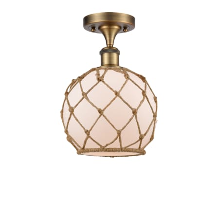 A large image of the Innovations Lighting 516 Farmhouse Rope Brushed Brass / White Glass with Brown Rope