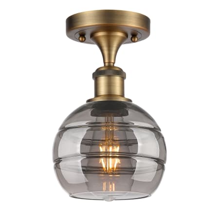 A large image of the Innovations Lighting 516-1C-10-6 Rochester Semi-Flush Brushed Brass / Smoked