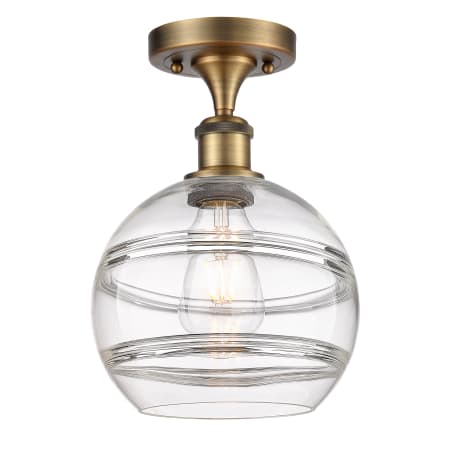 A large image of the Innovations Lighting 516-1C-12-8 Rochester Semi-Flush Brushed Brass / Clear