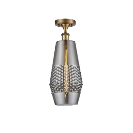 A large image of the Innovations Lighting 516-1C-19-7 Windham Semi-Flush Brushed Brass / Smoked