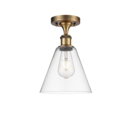 A large image of the Innovations Lighting 516-1C-12-8 Berkshire Semi-Flush Brushed Brass / Clear