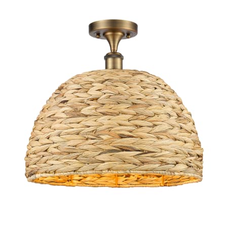 A large image of the Innovations Lighting 516-1C-15-16 Woven Rattan Semi-Flush Brushed Brass / Natural