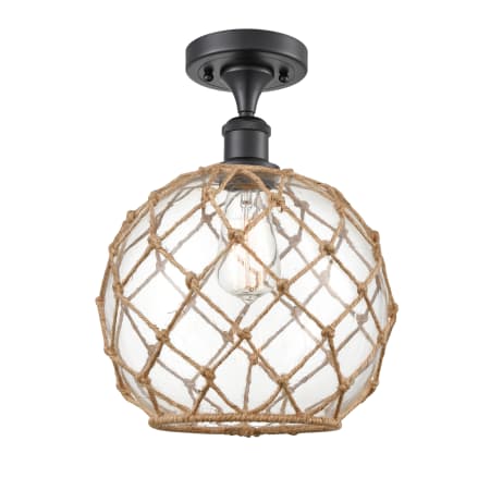 A large image of the Innovations Lighting 516 Large Farmhouse Rope Matte Black / Clear Glass with Brown Rope