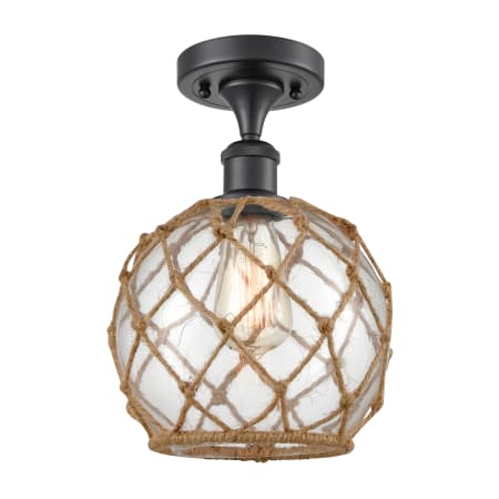A large image of the Innovations Lighting 516 Farmhouse Rope Matte Black / Clear Glass with Brown Rope