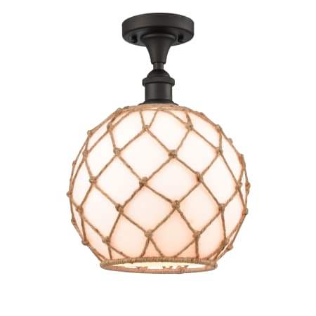 A large image of the Innovations Lighting 516 Large Farmhouse Rope Oil Rubbed Bronze / White Glass with Brown Rope
