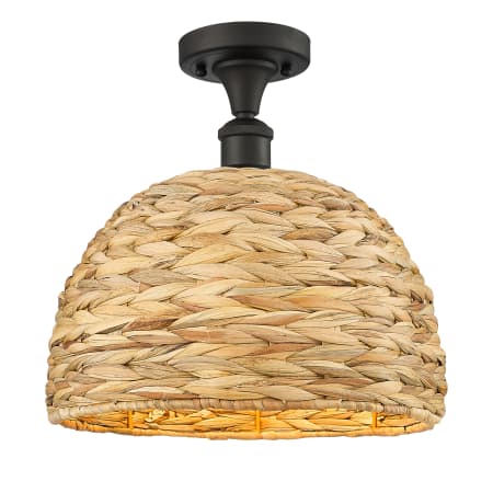 A large image of the Innovations Lighting 516-1C-13-12 Woven Ratan Semi-Flush Oiled Brass