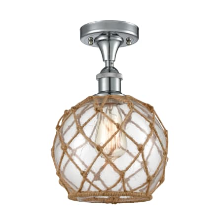 A large image of the Innovations Lighting 516 Farmhouse Rope Polished Chrome / Clear Glass with Brown Rope