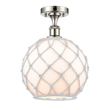 A large image of the Innovations Lighting 516 Large Farmhouse Rope Polished Nickel / White Glass with White Rope