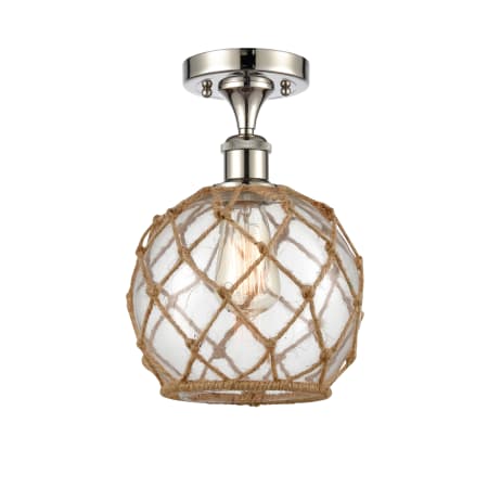 A large image of the Innovations Lighting 516 Farmhouse Rope Polished Nickel / Clear Glass with Brown Rope