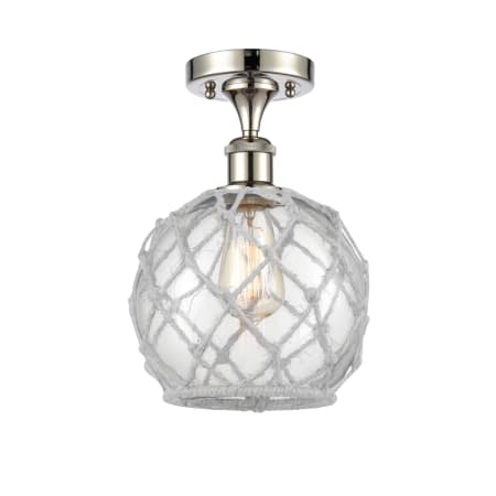 A large image of the Innovations Lighting 516 Farmhouse Rope Polished Nickel / Clear Glass with White Rope