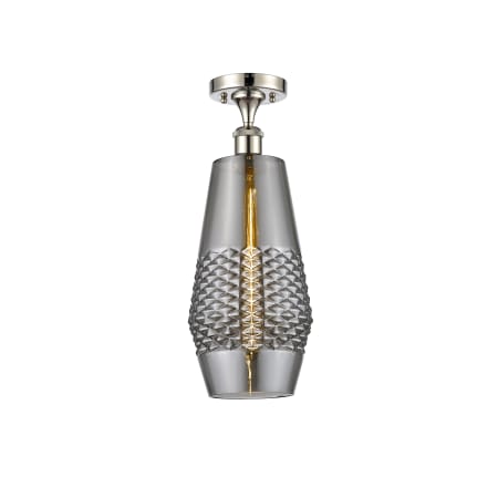 A large image of the Innovations Lighting 516-1C-19-7 Windham Semi-Flush Polished Nickel / Smoked