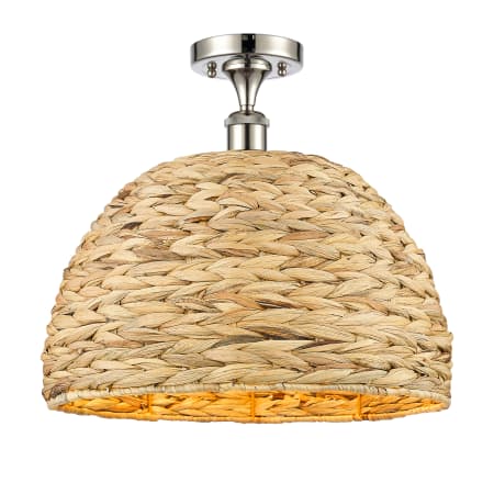 A large image of the Innovations Lighting 516-1C-15-16 Woven Rattan Semi-Flush Polished Nickel / Natural