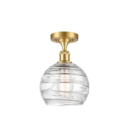 A large image of the Innovations Lighting 516-1C-13-8 Athens Semi-Flush Satin Gold / Clear Deco Swirl