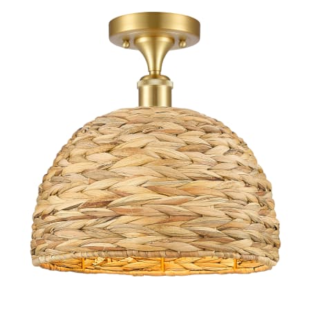 A large image of the Innovations Lighting 516-1C-13-12 Woven Rattan Semi-Flush Satin Gold / Natural