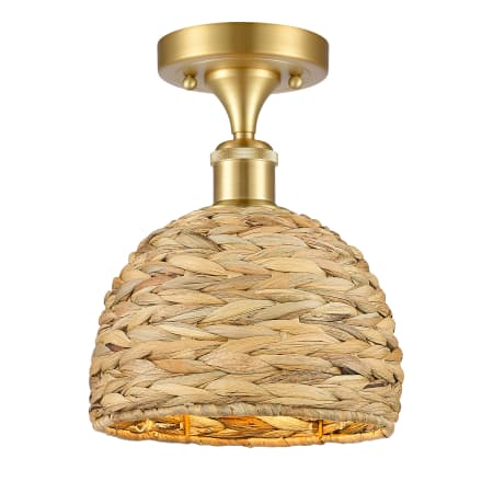 A large image of the Innovations Lighting 516-1C-11-8 Woven Rattan Semi-Flush Satin Gold / Natural
