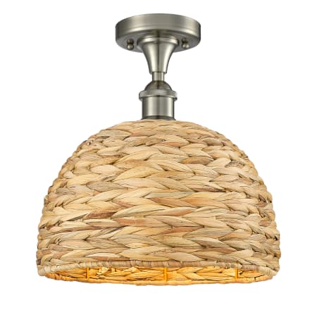 A large image of the Innovations Lighting 516-1C-13-12 Woven Rattan Semi-Flush Satin Nickel / Natural