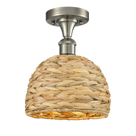 A large image of the Innovations Lighting 516-1C-11-8 Woven Rattan Semi-Flush Satin Nickel / Natural