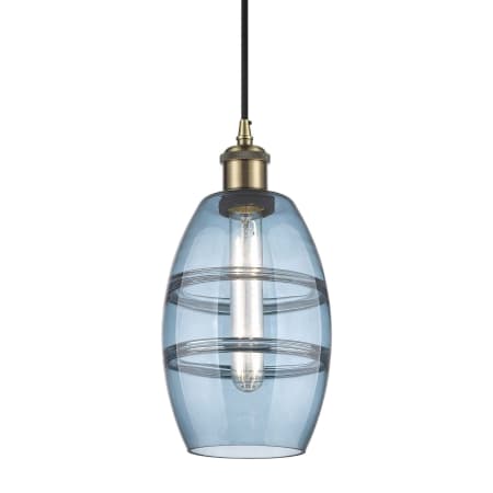 A large image of the Innovations Lighting 516-1P-9-6 Vaz Pendant Antique Brass / Princess Blue